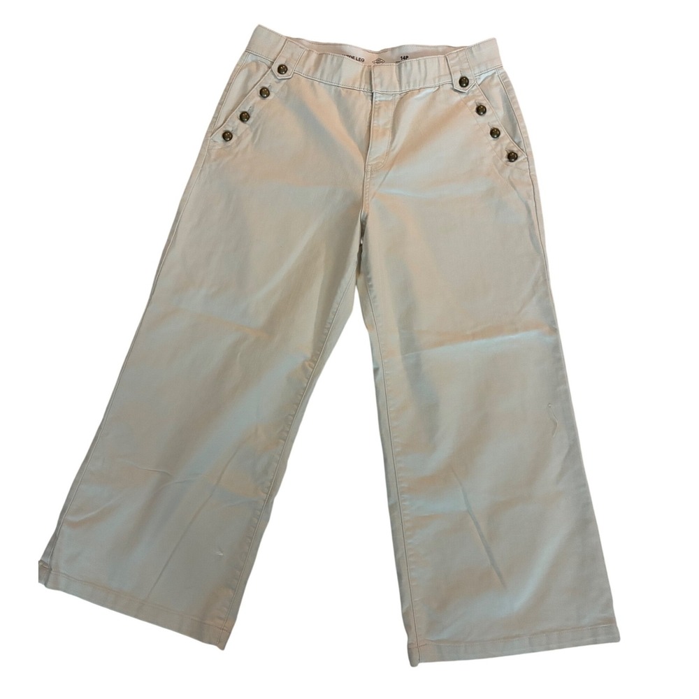 St Johns Bay Ivory Wide Leg Sailor Pants Womens 14P High Rise Button Detail